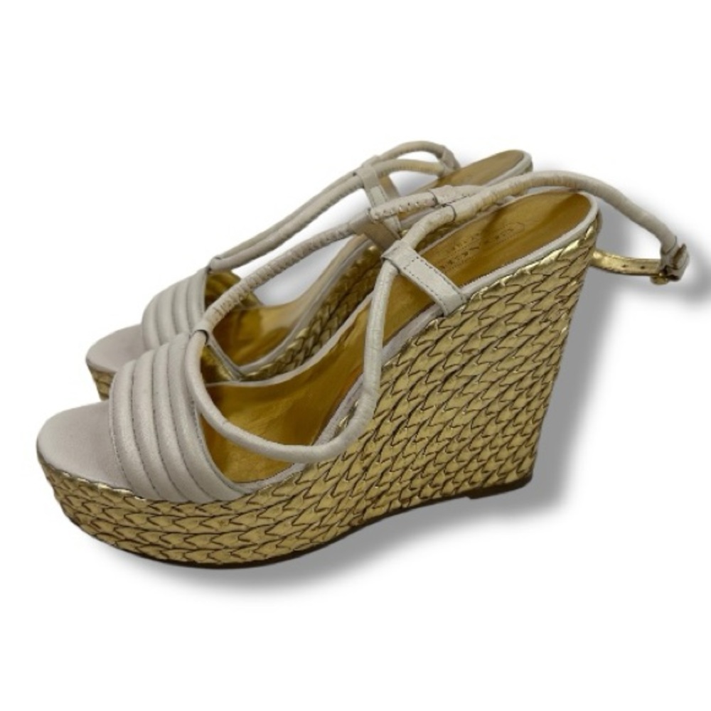 Coach Gold Woven Platform Wedge Sandals Size 8 Cream Leather Strappy